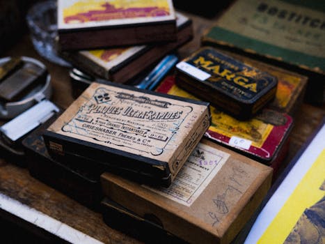 Close-up of retro boxes and tins displayed at flea market, conveying nostalgia.