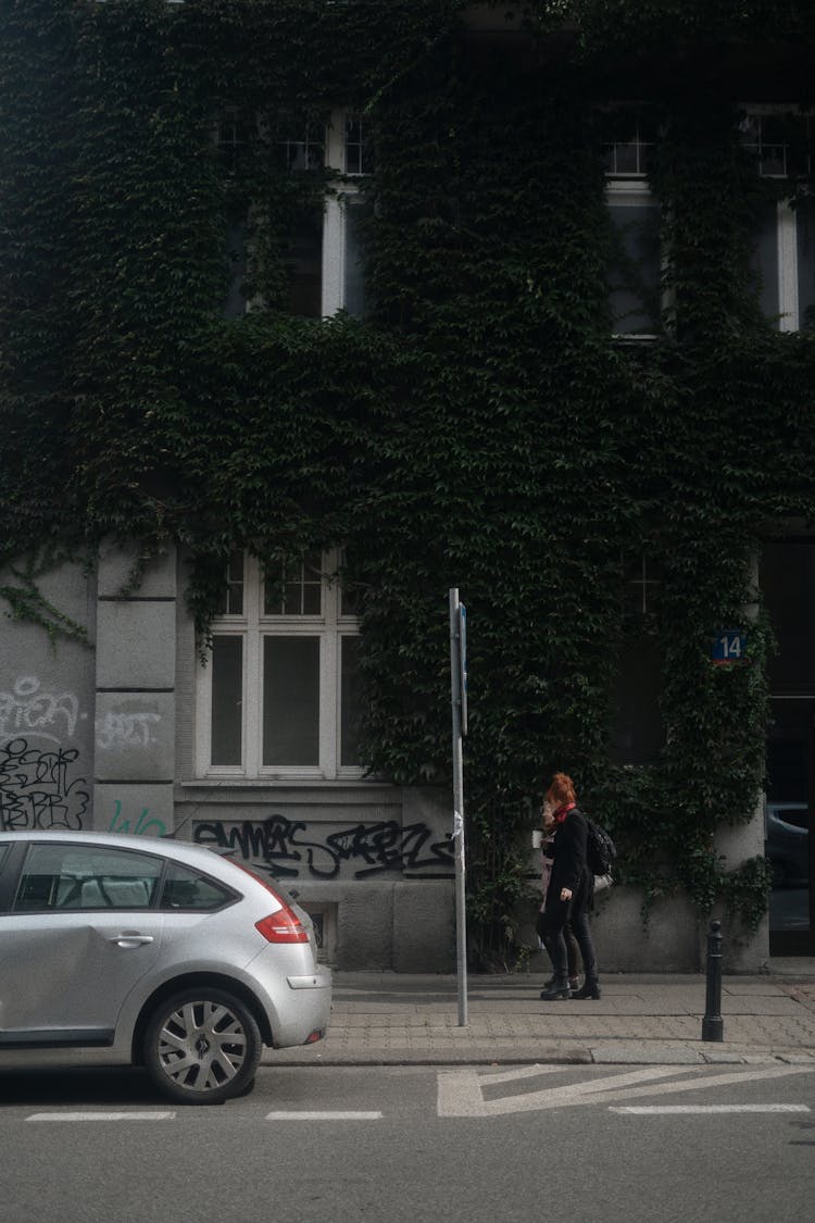 People Walking On The Sidewalk Near A Building With Climbing Plants