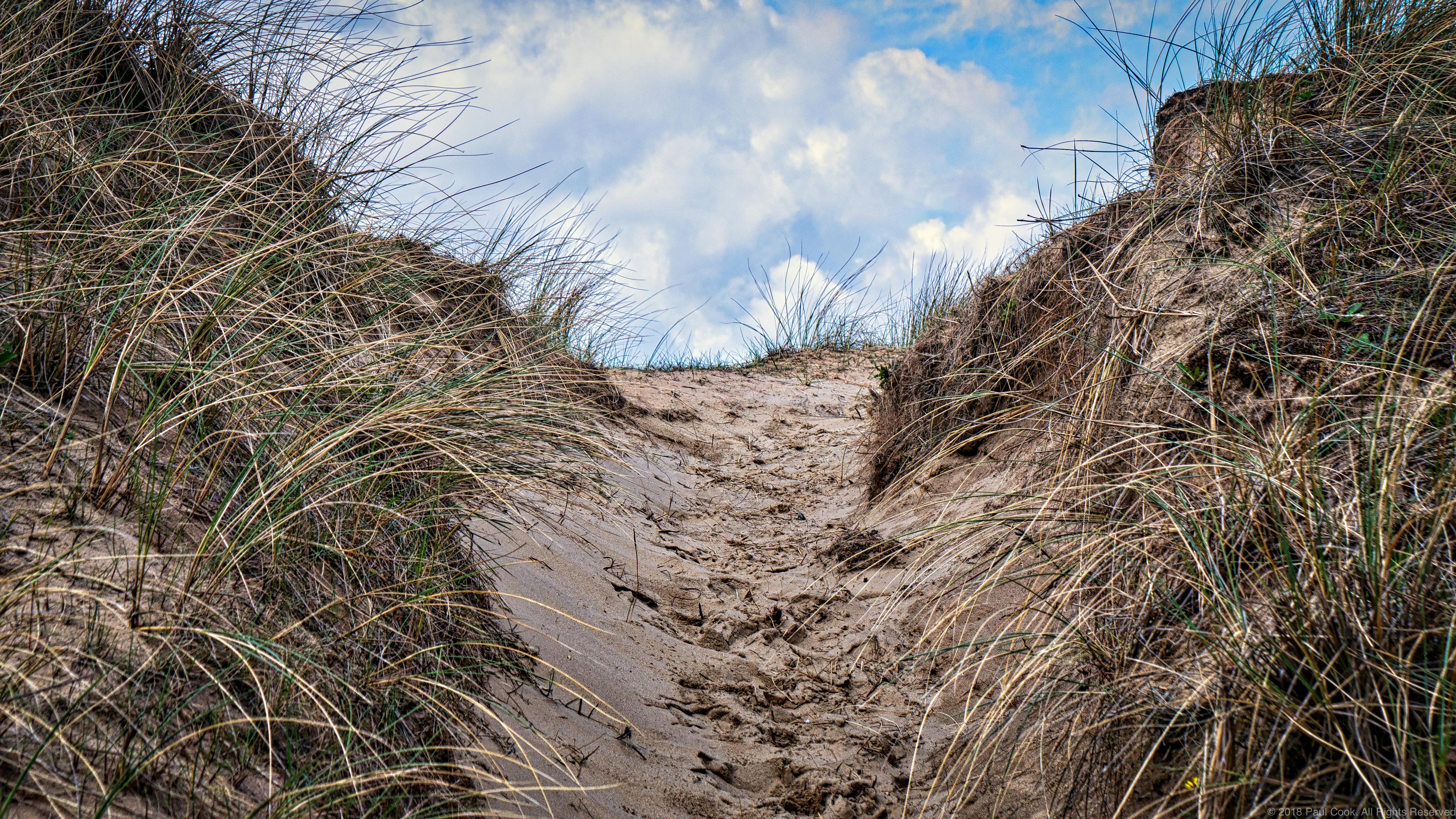 Free stock photo of beach dune dunes sand path summit clouds sky lumix