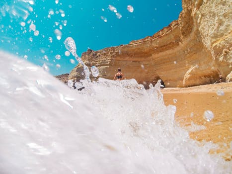 葡萄牙拉各斯海滩，海浪拍打悬崖的动态景象，非常适合夏季和旅行主题
