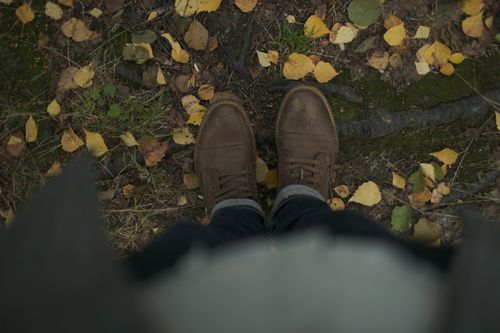 Free Brown shoes on forest ground covered in yellow autumn leaves. Stock Photo