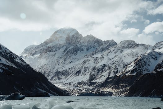 Stunning scenic view of the snow-capped Aoraki Mount Cook in New Zealand with icy waters.