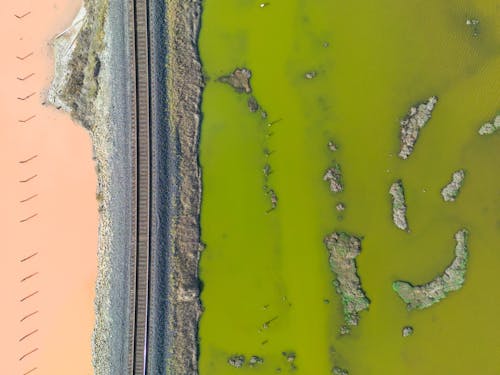 Aerial View of Railway Tracks and a Salt Pond 