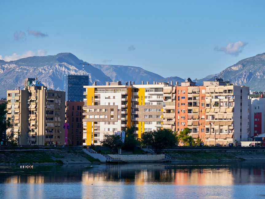 Panoramic view of Tirana city skyline at sunset, Albania