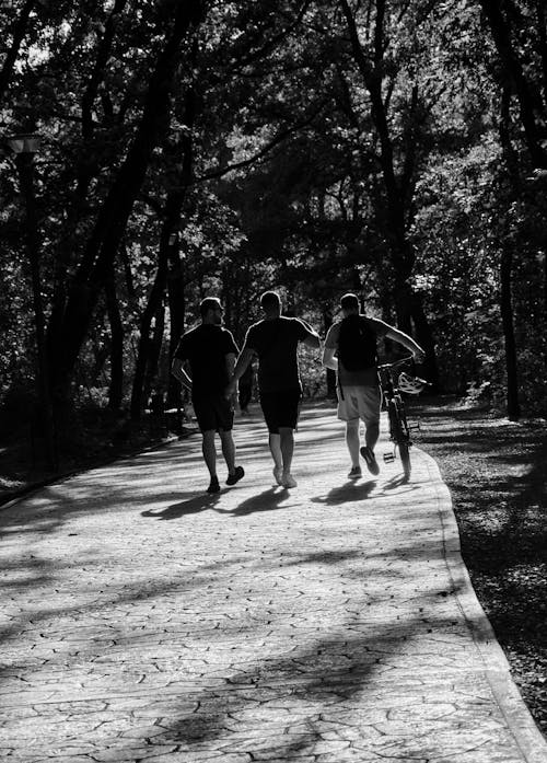 Men Walking in Alley at Park in Black and White