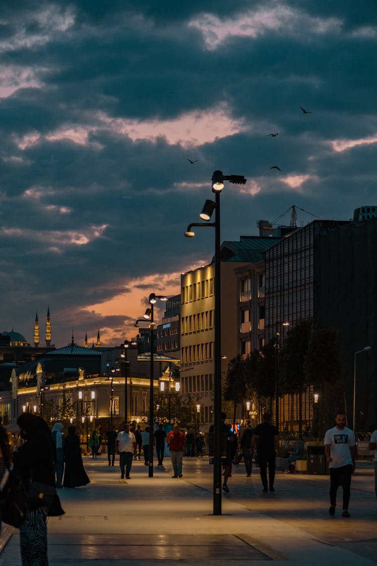 People Walking City Street At Night