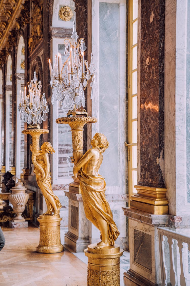 Gold Statue In The Hall Of Mirrors, France, Versailles