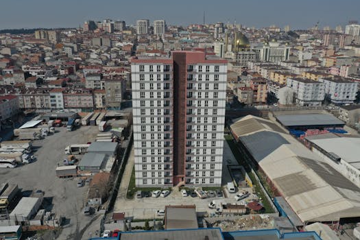 Aerial view of modern residential buildings in Istanbul, showcasing urban architecture.