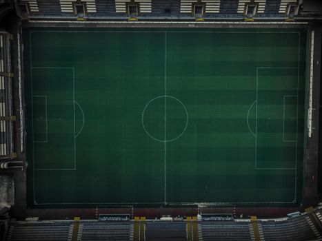 Drone shot of an empty football stadium in İstanbul, Turkey, from above.