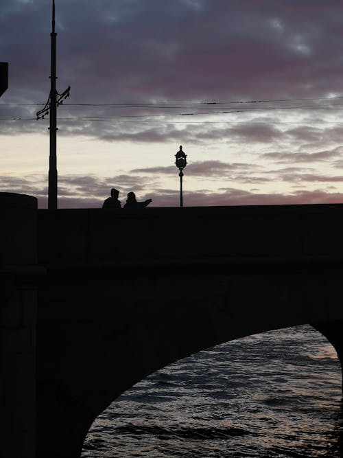 Silhouette of People Walking on Bridge on Sunset