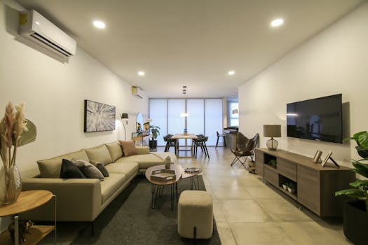 Elegant modern open-plan living and dining room with cozy furniture and warm lighting.