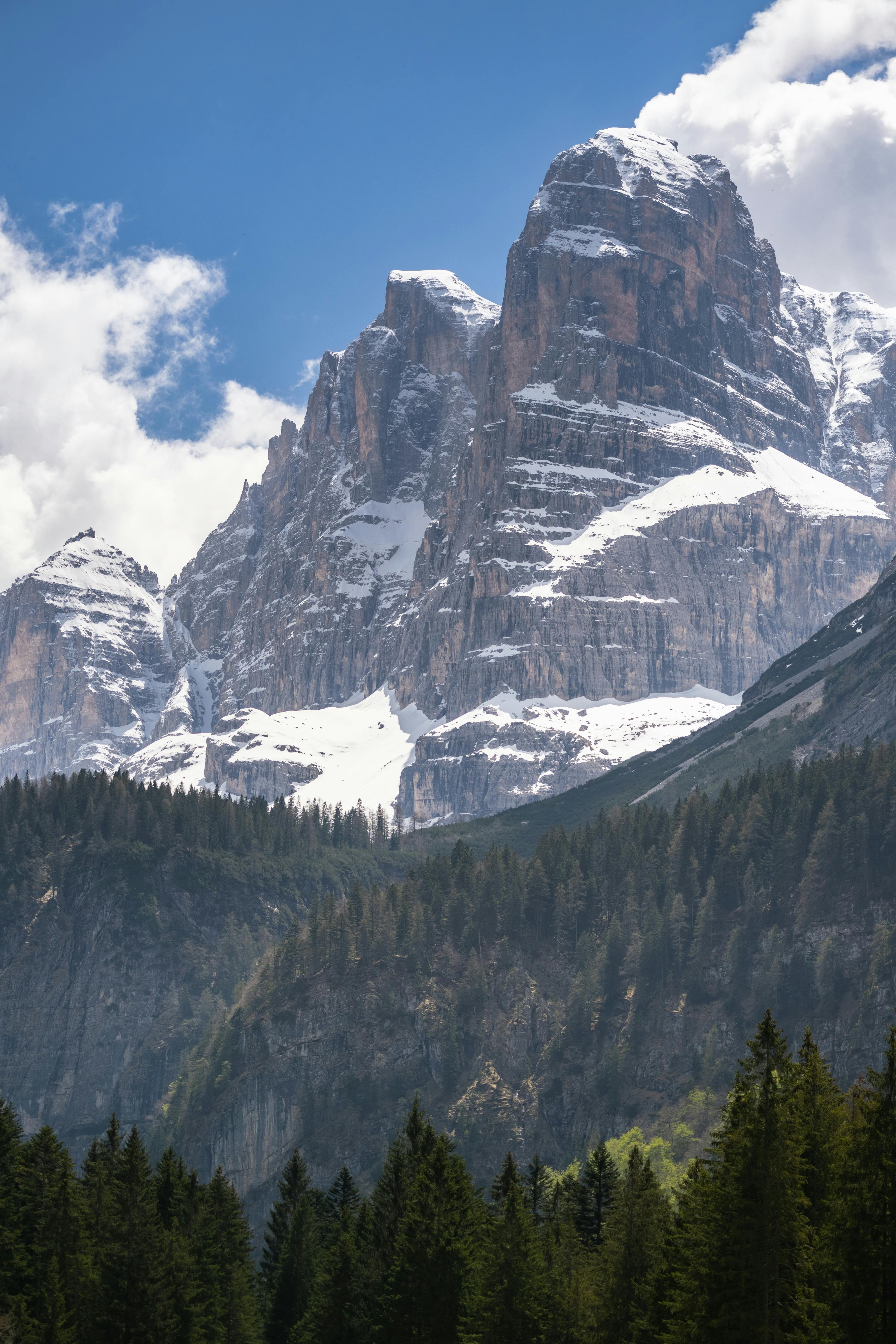 Prescription Goggle Inserts - Stunning snow-capped mountains and evergreen forests under a bright blue sky in the Italian Alps.