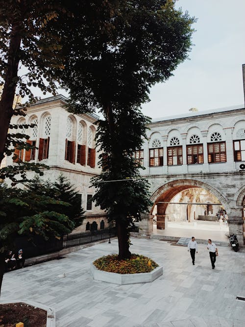 People Walking on a Patio of a University School