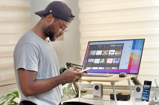 A man using his smartphone while standing at a desk with a large monitor indoors.