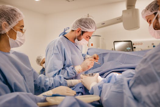 Surgeons and nurses collaborating during a surgical procedure wearing protective gear in a hospital operating room.