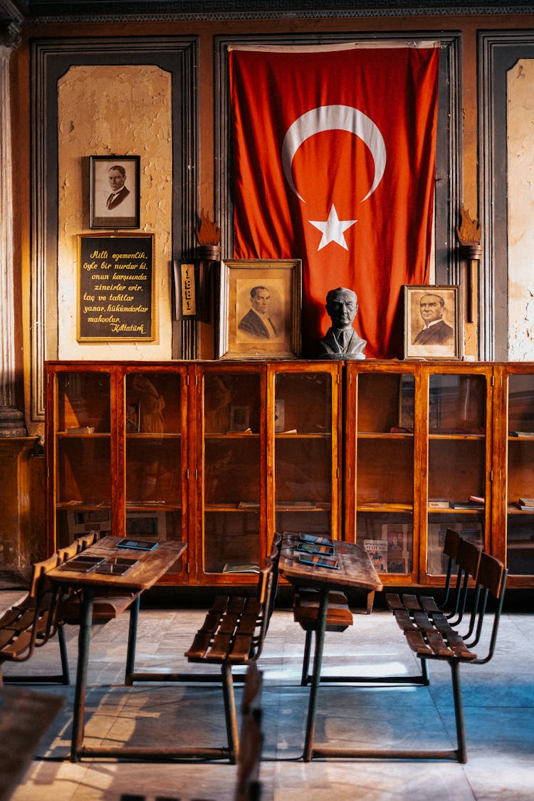 Photo Of The Interior With Vintage Furniture And A Turkish Flag