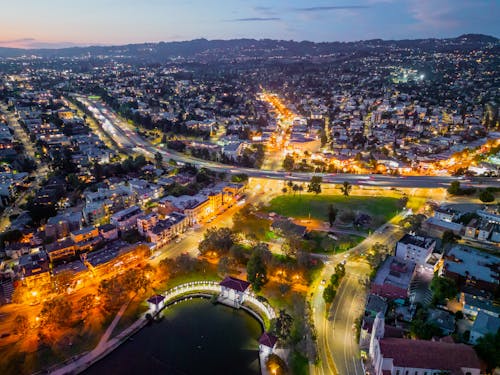 An Aerial Shot of a City at Night