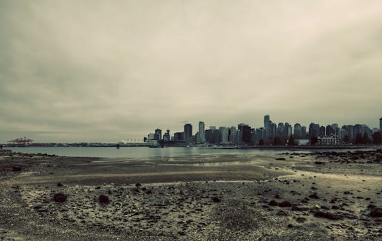 阴天里，温哥华的天际线和海滩呈现出一片忧郁的景色