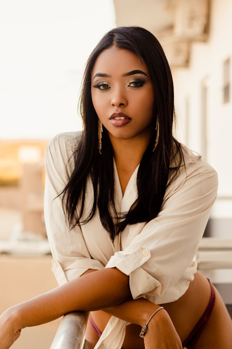 Portrait Of A Woman Wearing A White Shirt And Panties 