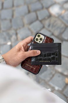 Person holding an iPhone with a black leather card holder on a paved street.