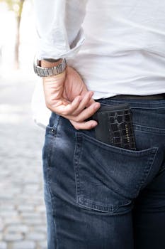 Close-up of a person in denim jeans with a leather wallet sticking out, showcasing street style.