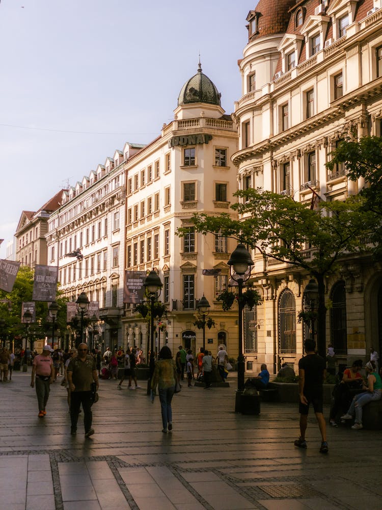 People Walking On A Street Beside Historical Buildings