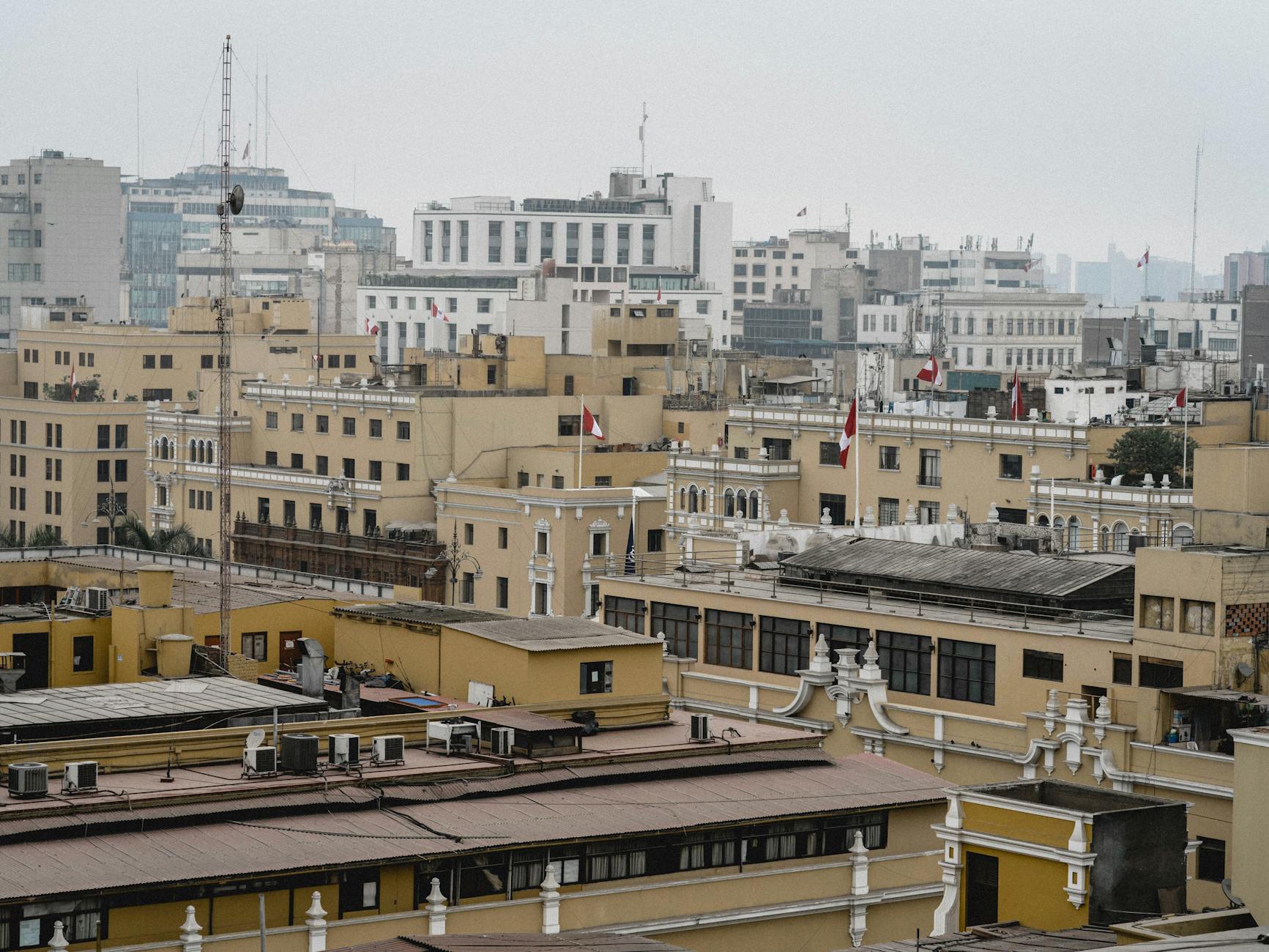 Aerial view of the historic urban landscape in Lima, Peru, showcasing classic architectural styles.