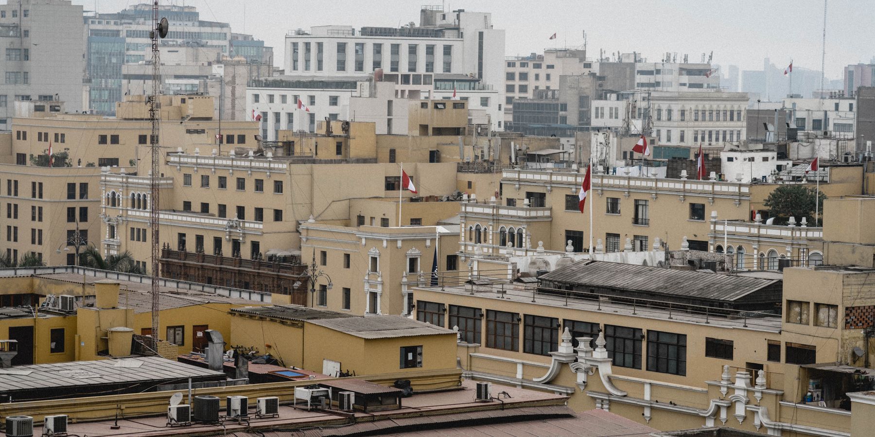 Aerial view of the historic urban landscape in Lima, Peru, showcasing classic architectural styles.