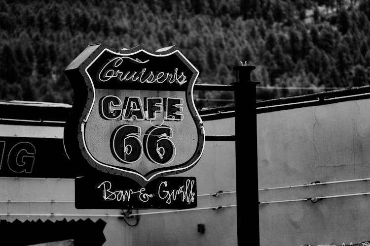 Grayscale Photo Of The Signage Of Route 66