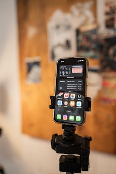 Close-up of a smartphone mounted on a tripod against a blurred wall, showcasing productivity apps and a calendar.