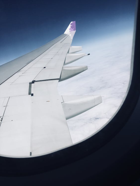 Free View of Airplane Wings from Inside a Plane Stock Photo
