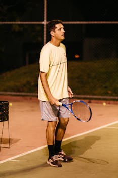 Male tennis player on a court at night, ready to serve with a focus on technique.