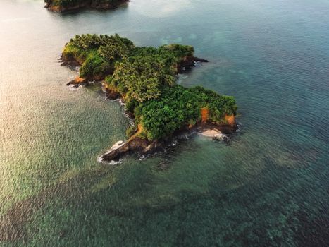 Aerial shot of a lush, green island surrounded by clear waters in the Philippines.