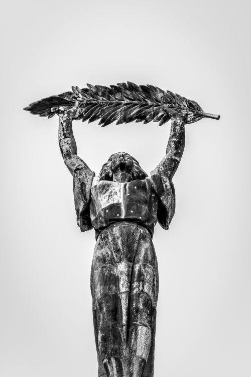 Free Black and white photo of Liberty Statue in Budapest, captured from a low angle. Stock Photo