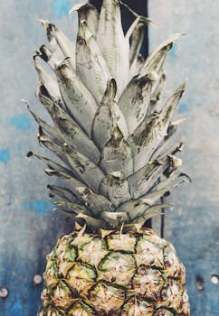 A vibrant close-up of a fresh pineapple against a rustic blue background, highlighting tropical textures.