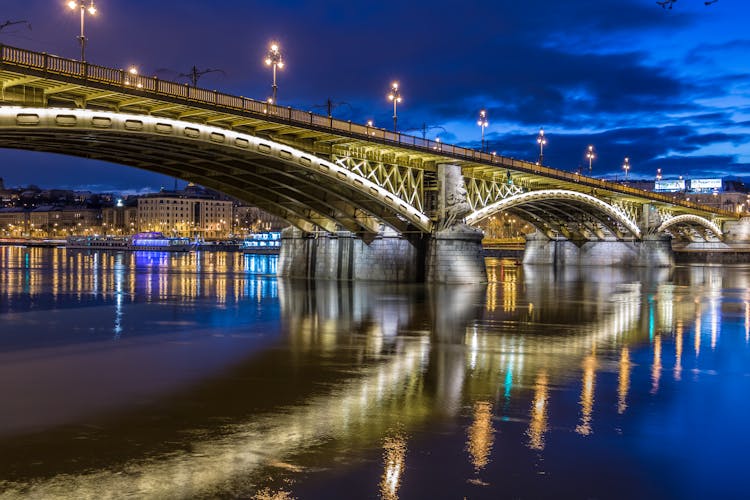 Illuminated Margaret Bridge In Budapest, Hungary 