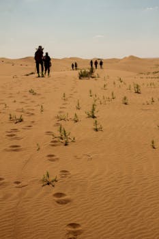 A group of people trekking through vast sand dunes under a clear sky, leaving footprints behind.