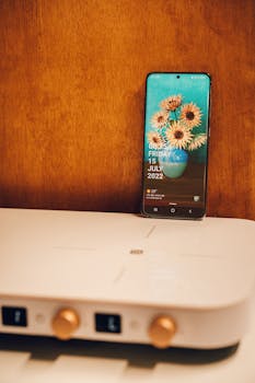 A sleek smartphone resting on a wooden surface showing vibrant floral wallpaper.