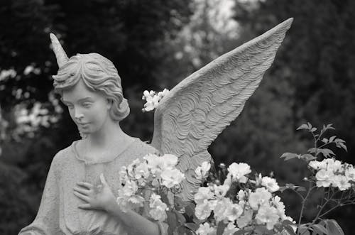 Angel Statue with Wings Beside Flowers