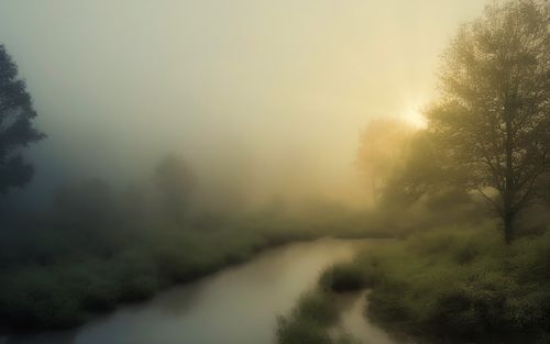 Free A tranquil foggy sunrise over a lush forest with a gentle river creating an ethereal landscape. Stock Photo