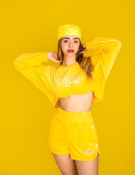 Young woman in vibrant yellow Nike outfit posing in studio with yellow backdrop.