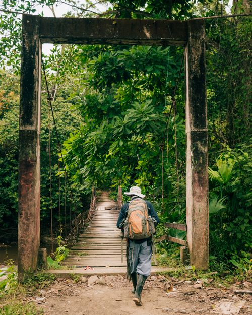 Free A man with a backpack and hat crosses a rustic suspension bridge in the lush Colombian jungle. Stock Photo