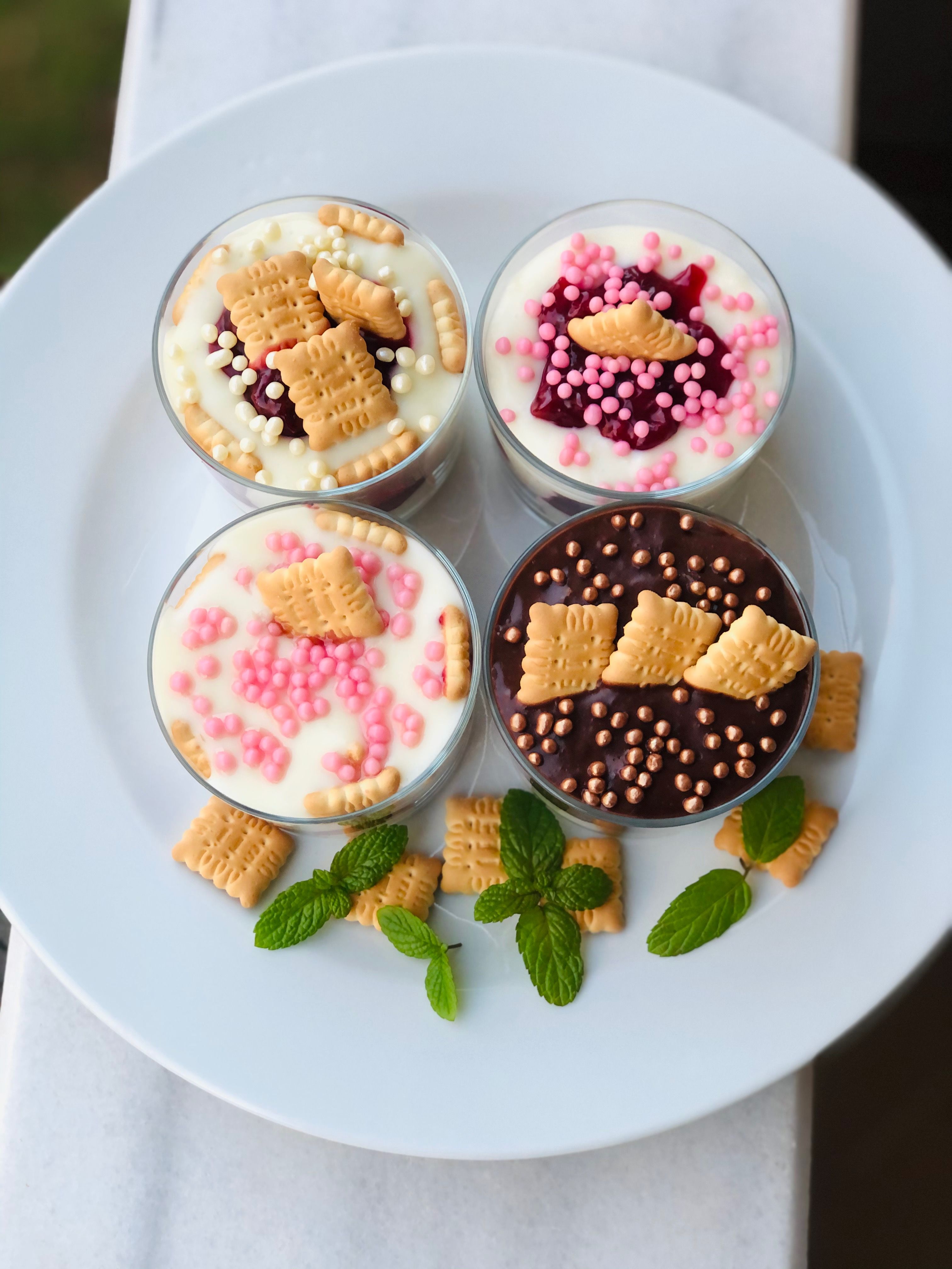Delicious assorted puddings topped with colorful sprinkles and biscuits, presented elegantly on a white plate.
