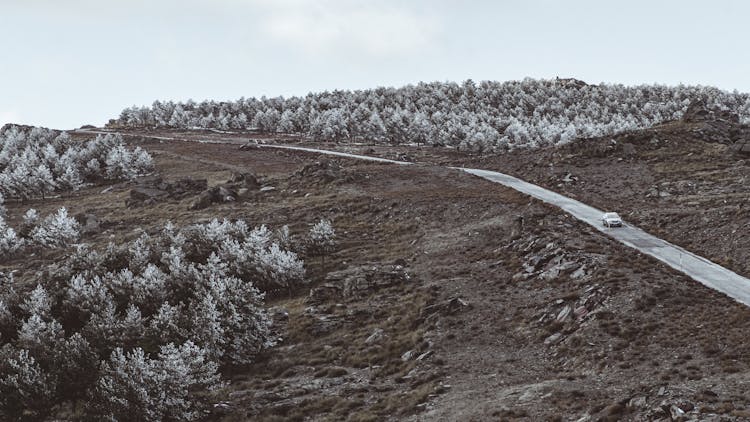 Car Driving Along A Remote Road In Winter