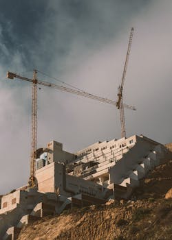 Low-angle shot of modern building facade with construction cranes against a cloudy sky.