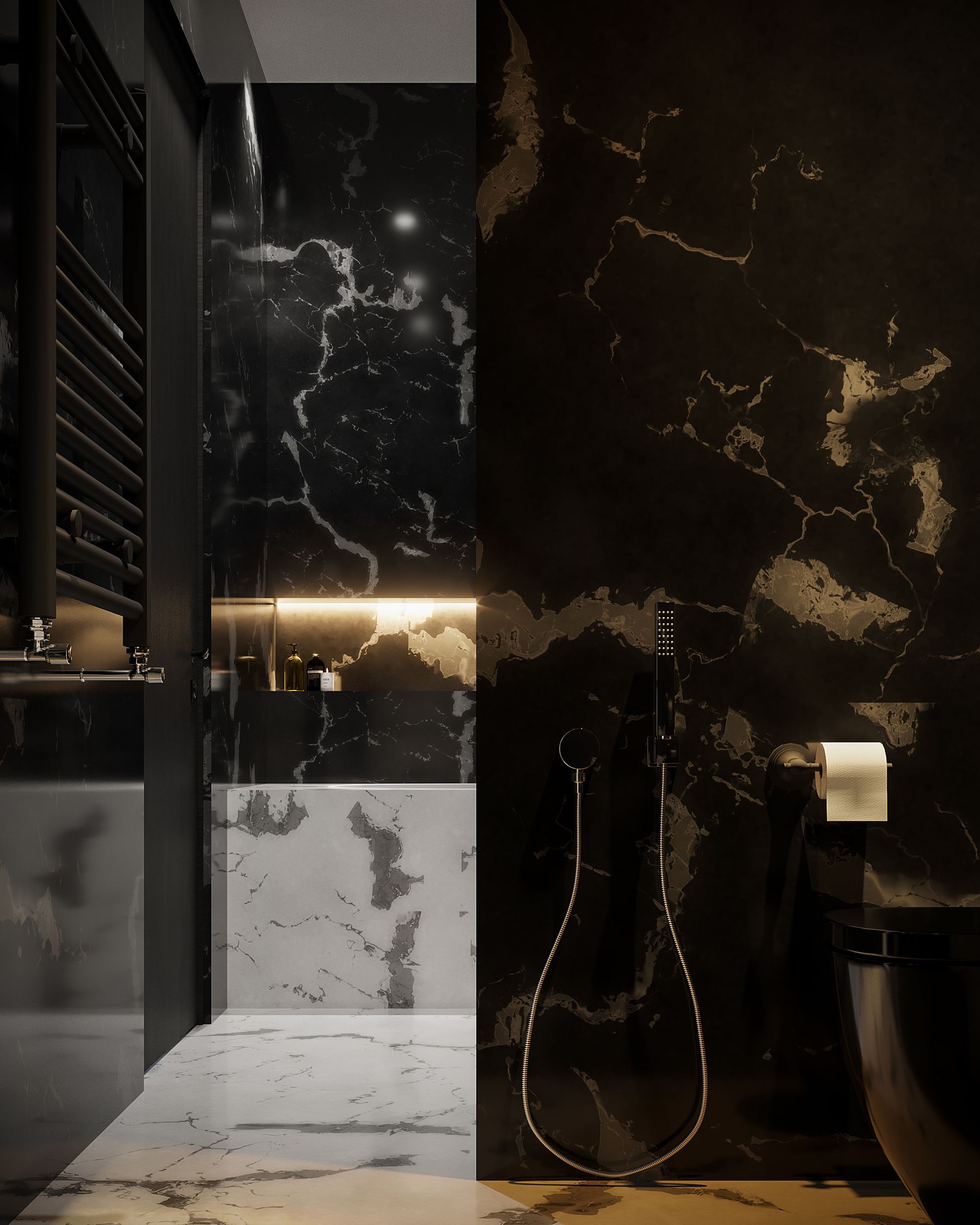 Luxury bathroom with black marble walls and contemporary fixtures