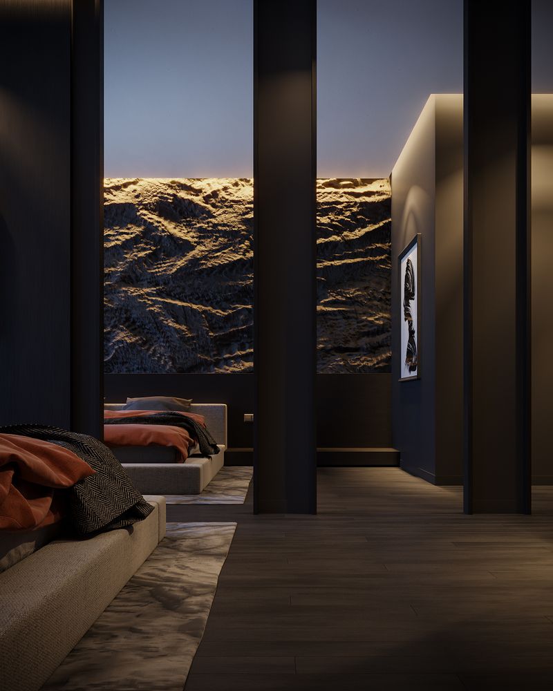 Contemporary bedroom design featuring dark tones and artistic wall decor