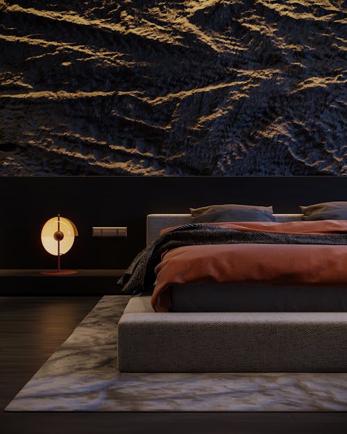 3D Render of a Modern Bedroom with a Stone Wall 