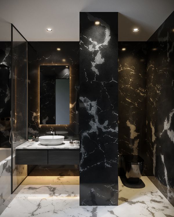 Interior of a Modern Bathroom with Marble Tiles · Free Stock Photo