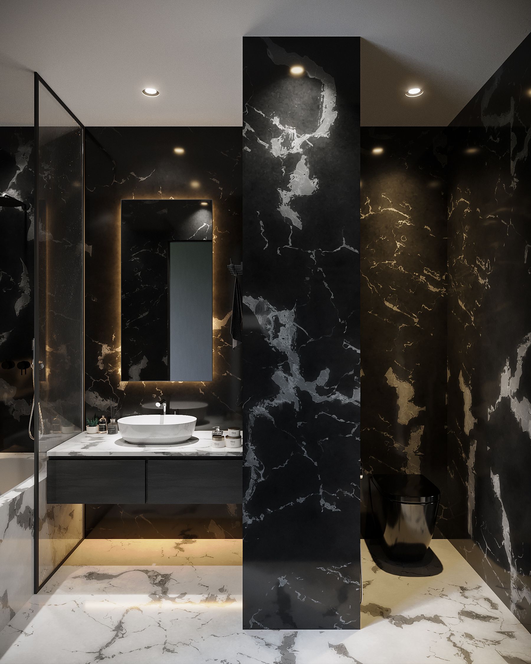 Dark gothic-inspired bathroom with black marble surfaces, dramatic contrast and sleek modern fixtures